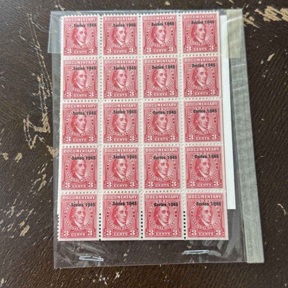 1945 3 Cent Documentary Stamps Block Of 20 Scott R14 F-VF MNH Samuel Dexter